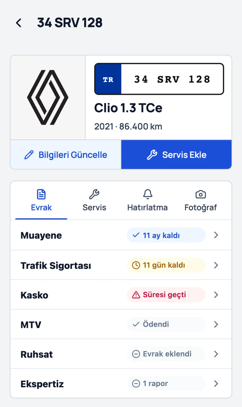 Servixo Aracım araç detayı: 34 SRV 128 Renault Clio evrak durumları