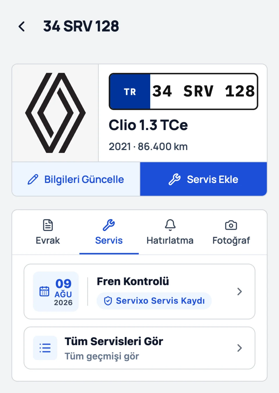 Servixo Aracım Servis sekmesi: 34 SRV 128 Renault Clio 1.3 TCe, Fren Kontrolü, 09 Ağu 2026, Servixo Servis Kaydı